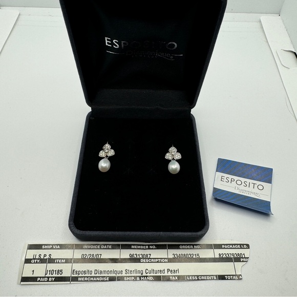 Esposito Diamonique Sterling Silver Cultured Pearl Earrings Dangle CZ Flower - Picture 8 of 8